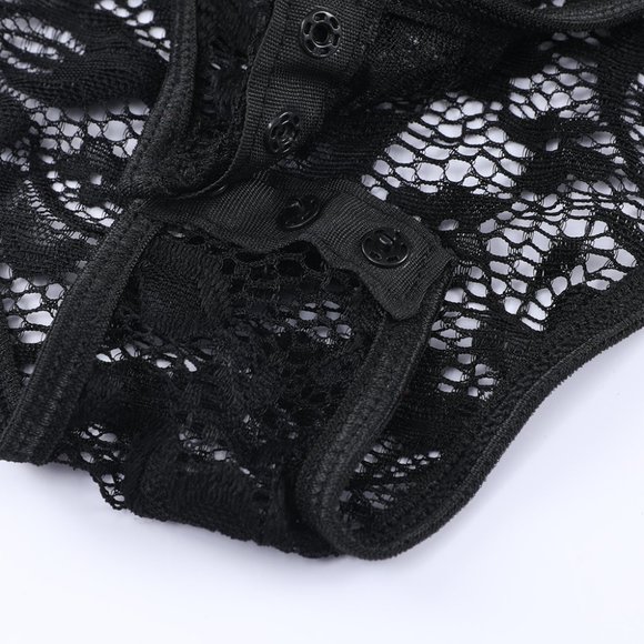 Black Floral Lace Scalloped Square Neck Bodysuit - Picture 6 of 11